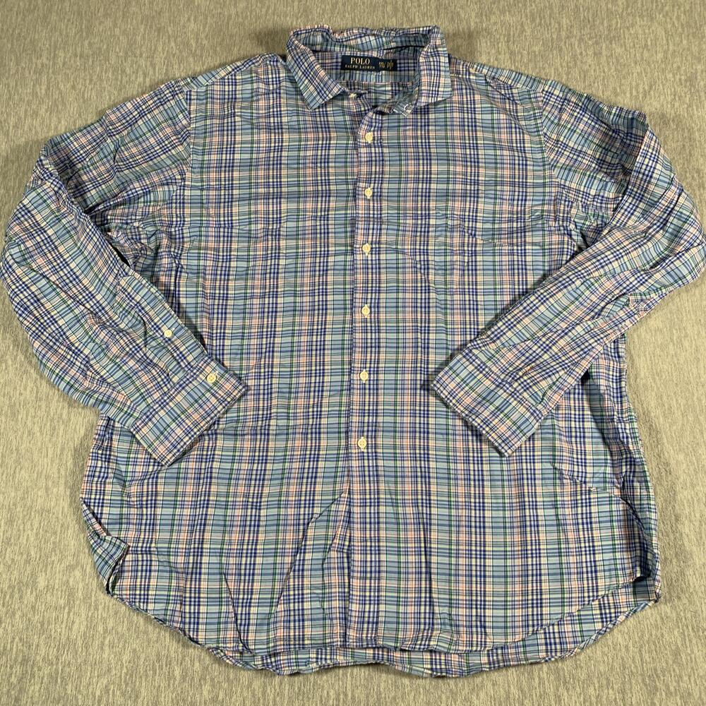 Polo Ralph Lauren Shirt Mens 2XL Blue Green Plaid Button Down Cotton Casual